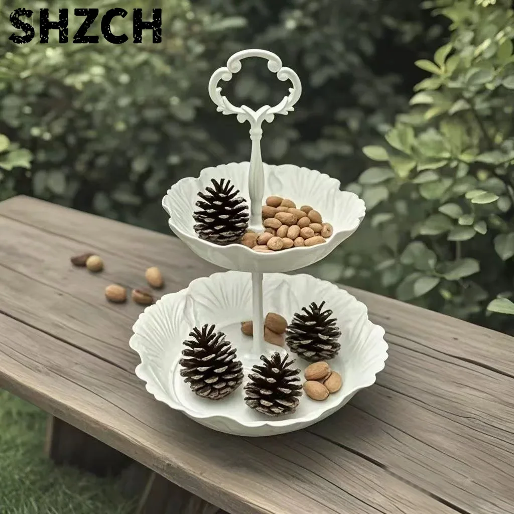 White 2-Tier Serving Stand, Vintage Iron with Scalloped Edges, Decorative Handle, 7.1 x 7.1 x 9.8 Inches