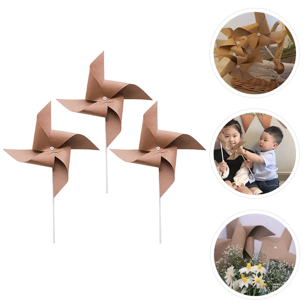 

3Pcs Paper Windmill Retro Kraft Decorative Props for Birthday Party Garden Decoration Handheld Pinwheel Scare Bird