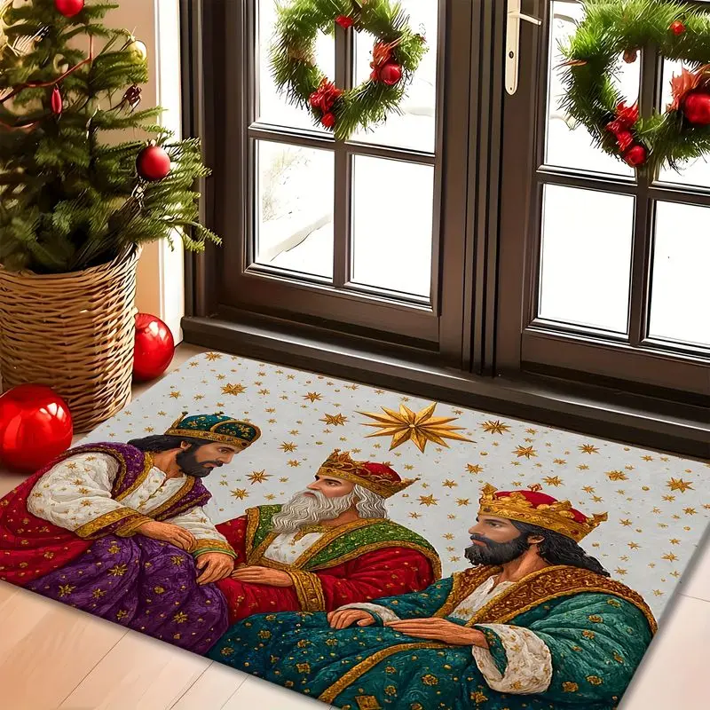 VIKAMA Three Wise Men Doormat, Kings with Crowns Gold Stars Christmas Door Mat, Merry Christmas Front Door Welcome Mat