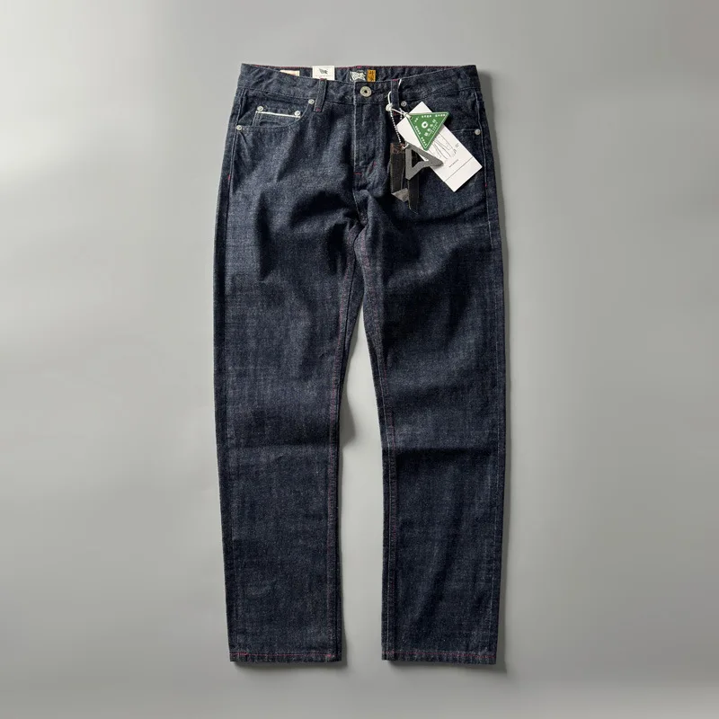 Jeans in denim con cimosa da uomo in cotone 100% per tutte le stagioni - Pantaloni dritti standard grezzi effetto lavato pesante vintage americano
