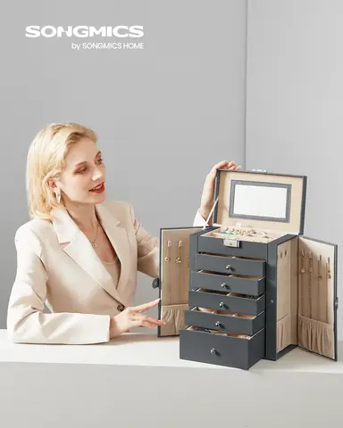 SONGMICS 6-Layer Jewelry Box Organizer with 5 Drawers, Jewelry Storage Case with Lock and Mirror, Large Storage Capacity, Gift f