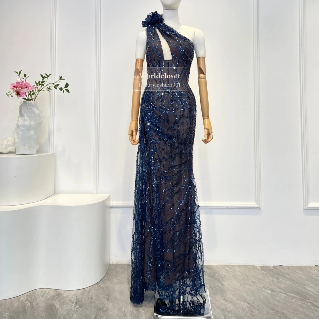 Marineblauwe avondjurk met één schouder en uitsnijding voor dames, zeemeerminjurk
