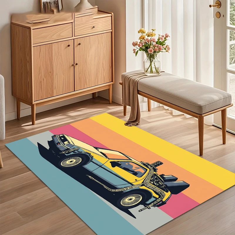 Retro DeLorean Rainbow Stripe Area Rug for Living Room Bedroom Nostalgic Home Decor Soft Non Slip Washable Floor Mat