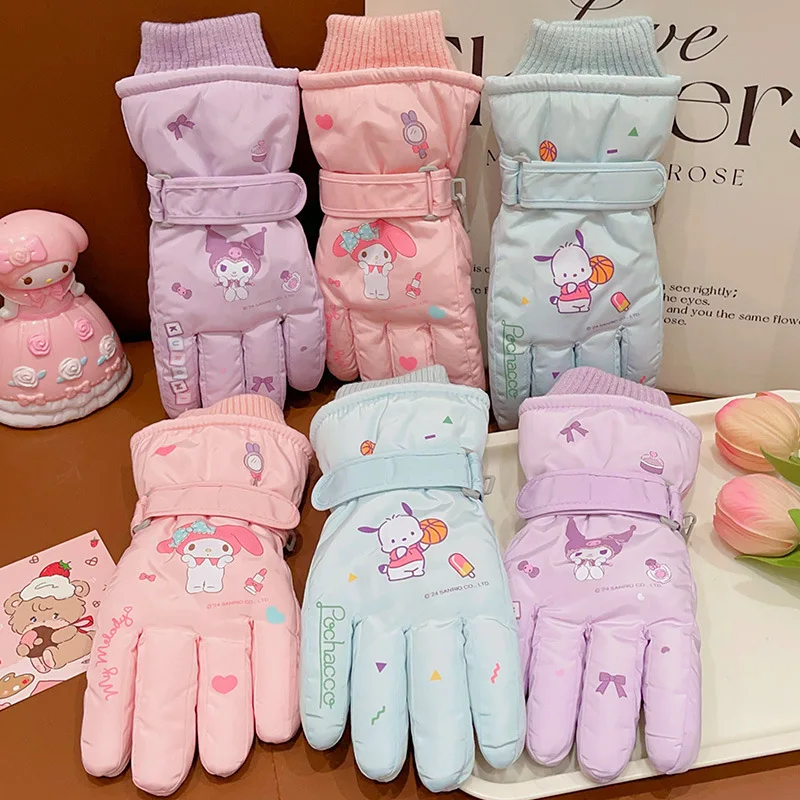 New Sanrio Kuromi Children's Ski Gloves Waterproof Non-Slip Fall and Winter Thickened Padded Warm Cartoon for Girls 7-12 years