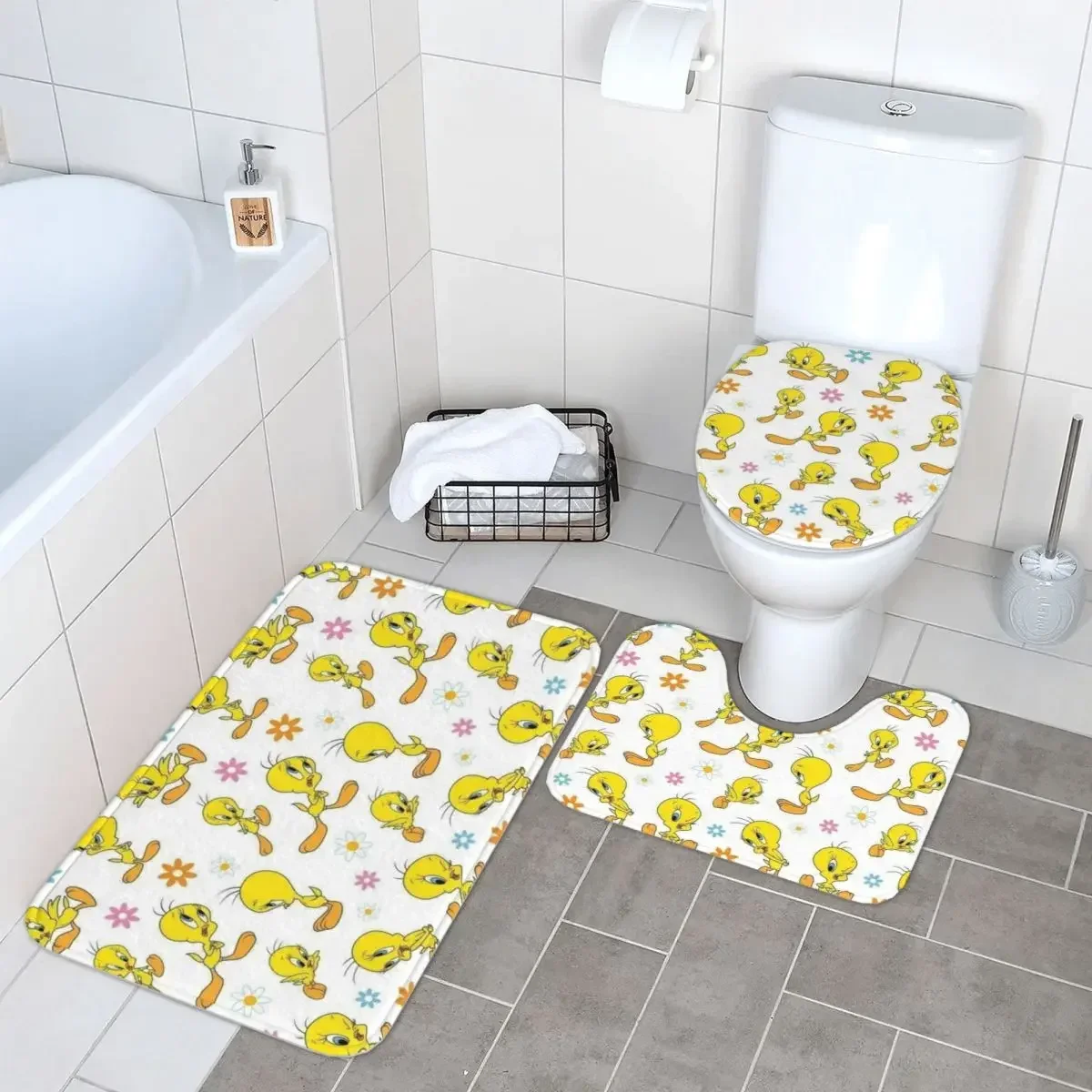 Aangepaste Tweetys Cartoon animatie gele vogel badkamertapijten set 3-delige antislip toiletbadmat sets toiletbrilhoes camping