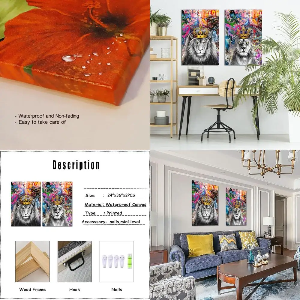 

24x36 Inch Lion King & Queen Canvas Art with Crowns - Colorful Animal Couple Wall Decor for Home or Office