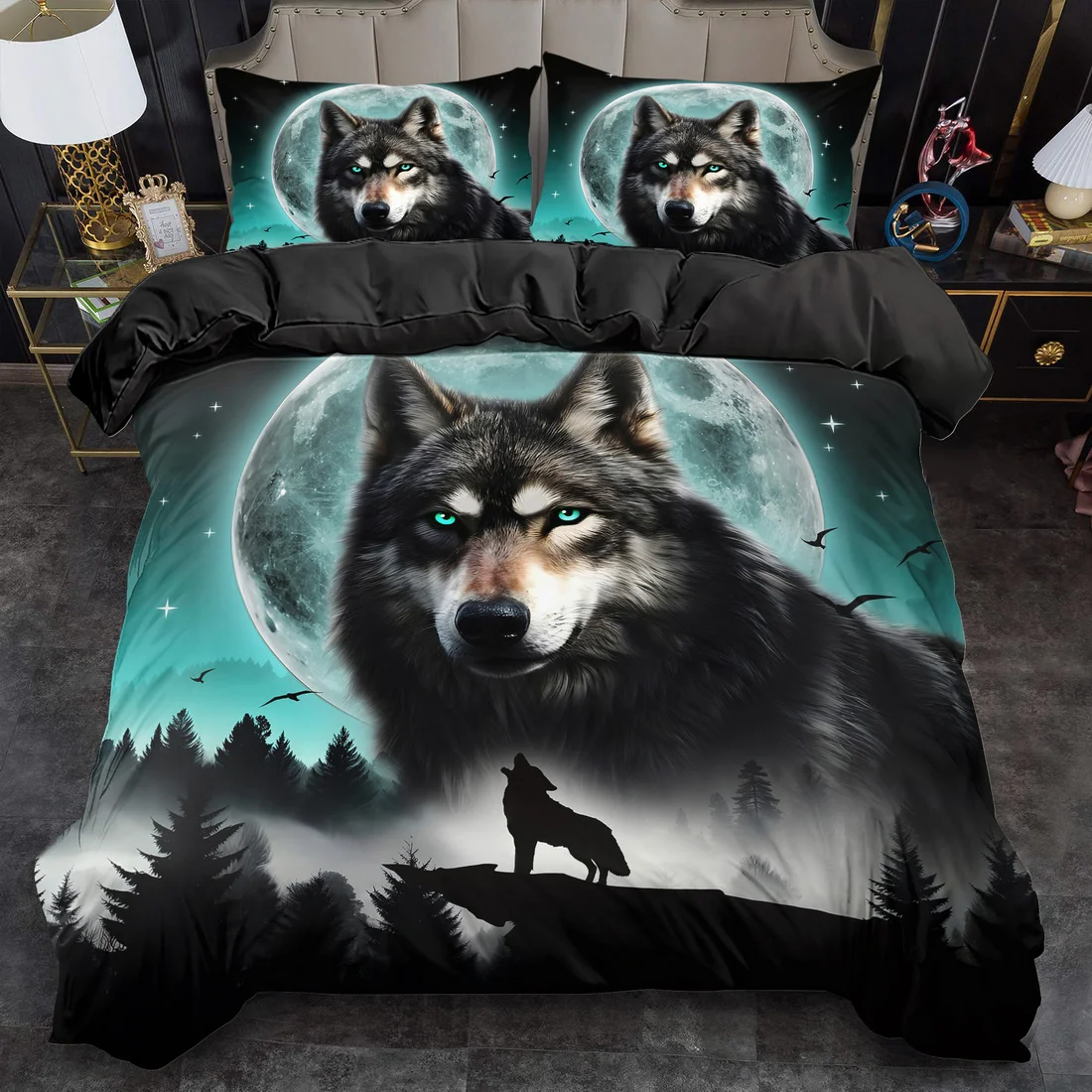Midnight Lone Wolf Bedding Set Collection, Ultra-Soft Breathable Printed Duvet Cover Set with Pillowcases for Bedroom