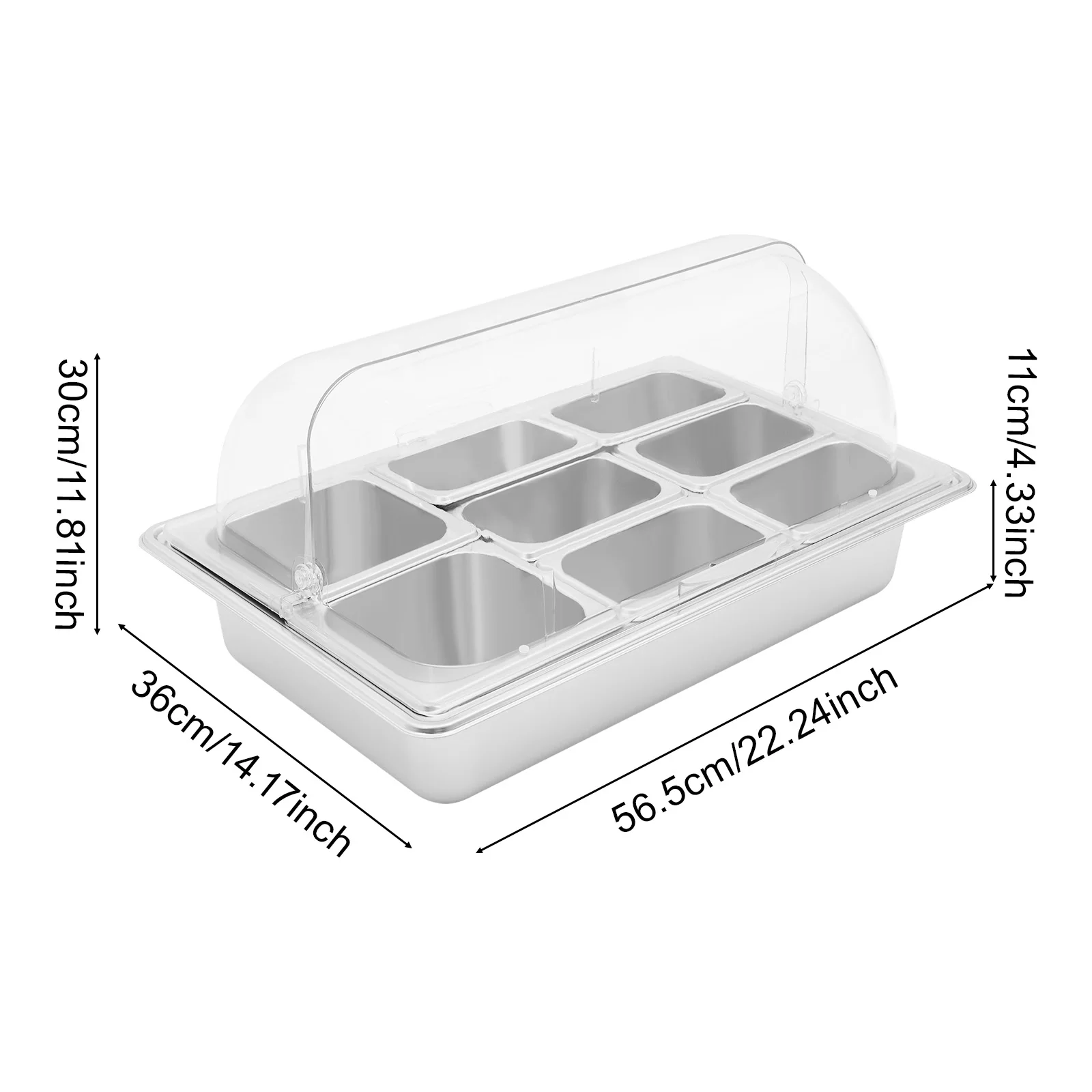 

8 Pans Countertop Ice Food Serving Display Container, Stainless Steel Buffet Food Serving Tray with Clear Roll Top Cover