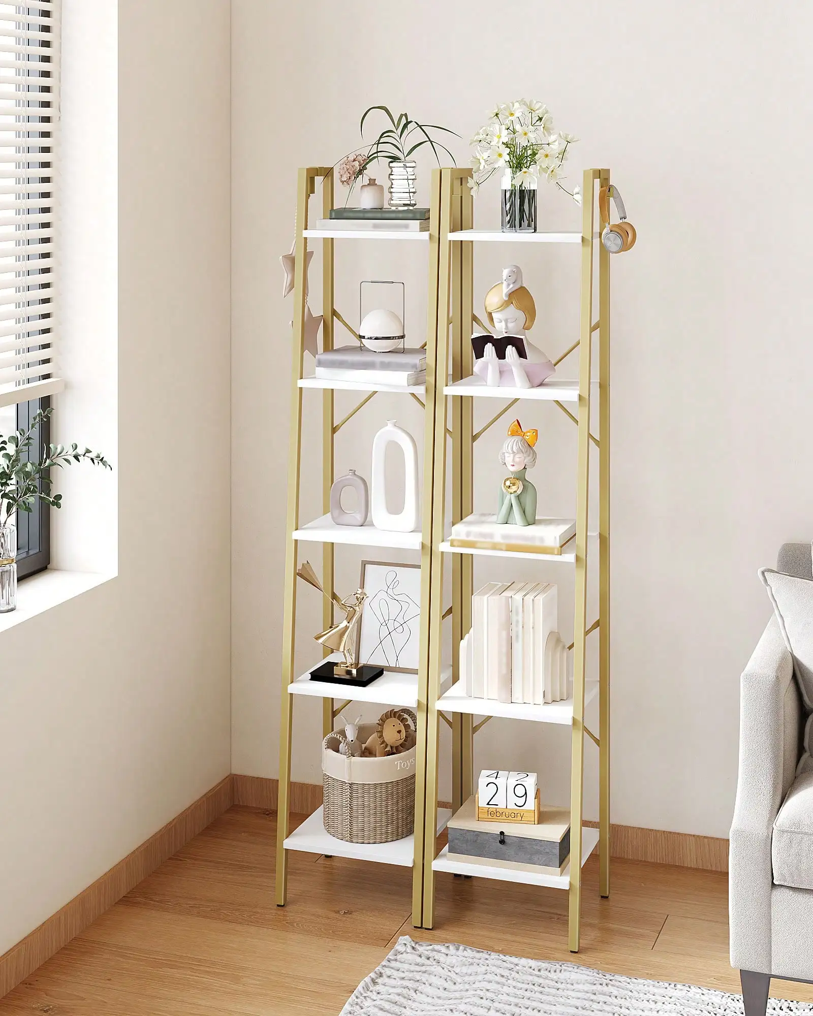 5 Tier Ladder Shelf Modern Glam White Gold Bookshelf Bookcase Wood Metal Frame Freestanding Corner Storage Shelving Unit Display Rack For Home Office Living Room Bedroom Kitchen Plant Stand Housewarming Gift