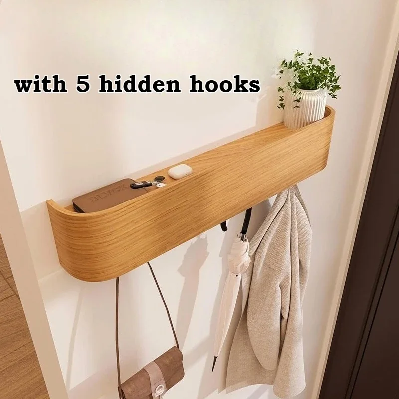 

Modern Wall-Mounted Wood Coat Rack with 5 Hooks, Door Organizer & Shelf for Bedroom/Hallway, Hidden Clothes Hanger Rack