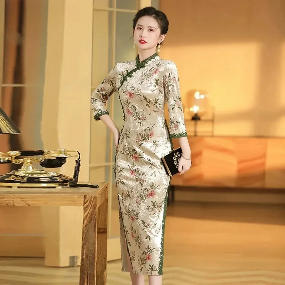 

Cheongsam ретро китайский бархатный топ Ципао с длинными рукавами современные женские Congsam женские улучшенные зимние велюровые платья Hanfu