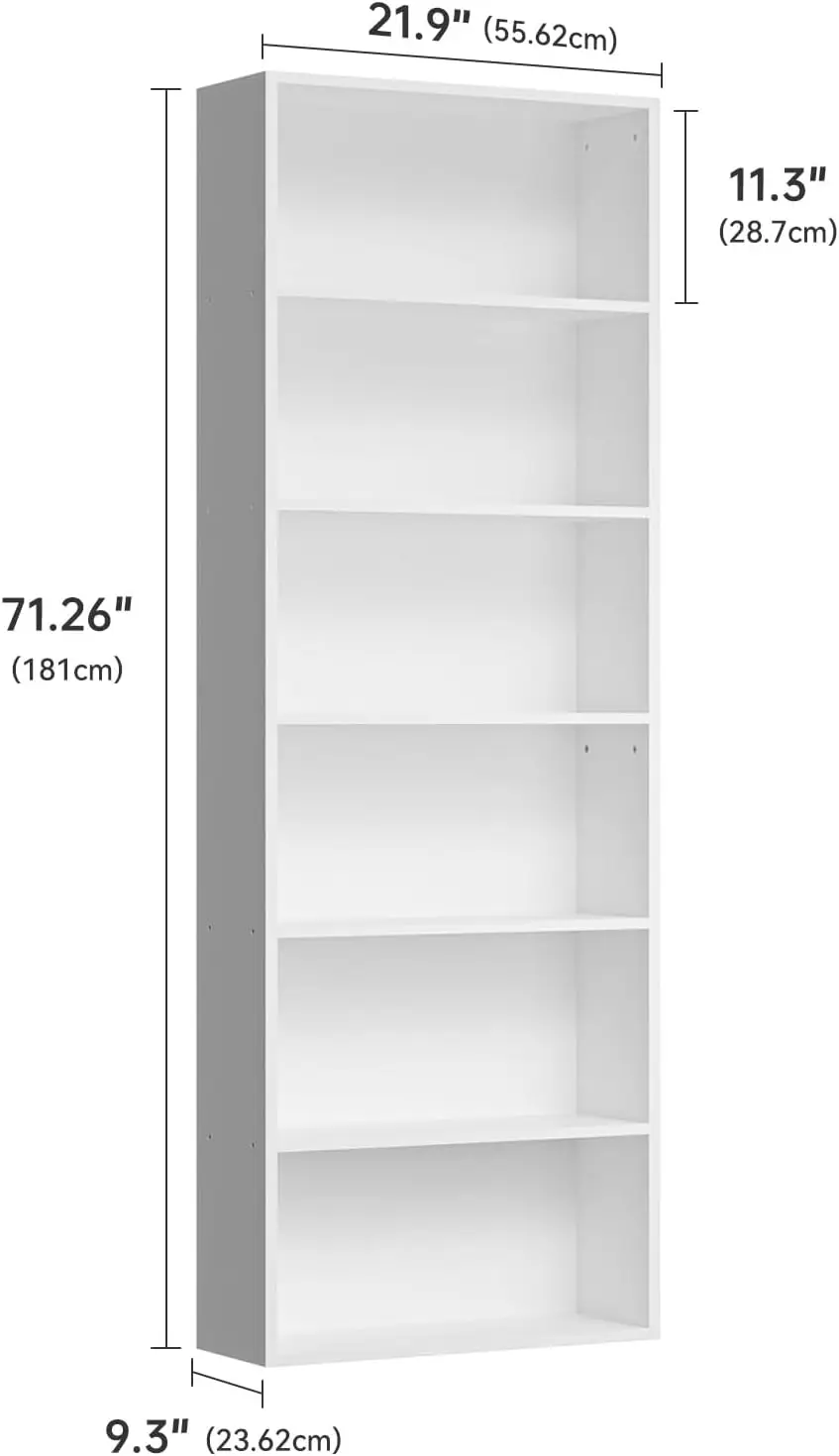Bücherregal Weiß 6-Ebenen، Regal 20 cm Tief، Bücherschrank، Aufbewahrungsregal، Standregal، Offenes Regal Holz، Bookshelf fazer Wo