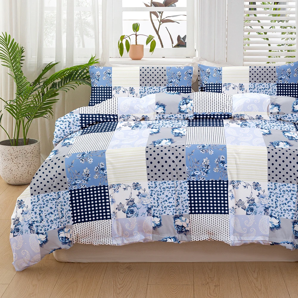 3pcs Fashion Patchwork Blue Floral Gingham Polka Dot Printed Duvet Cover Set, Soft And Breathable, All-Season Universal.