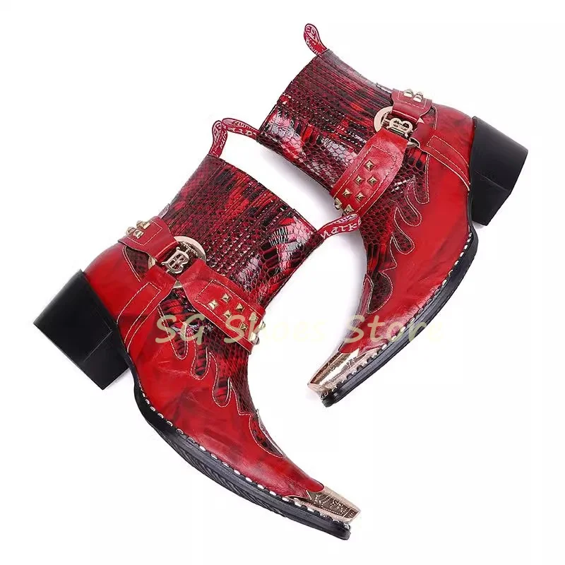Western Cowboys Boots for Men Male Chelsea Boots Party Pub Dress ShoesPunk Rivet Metal Pointed Toe Splicing Leather Shoes