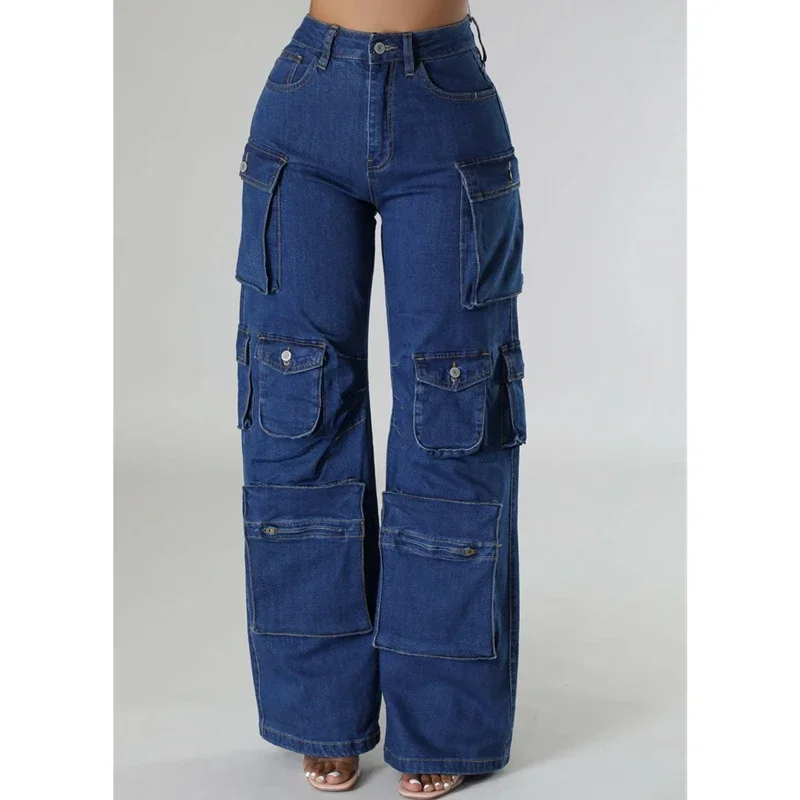 ZOMIGHT, pantalones vaqueros Cargo azules de pierna ancha con bolsillos para mujer, pantalones vaqueros holgados de cintura alta Vintage para mujer,