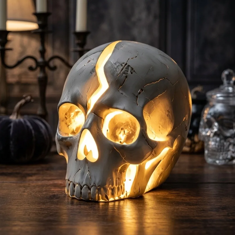Cracked Skull Solar Garden Light For Halloween, Fade-Resistant Waterproof Skull Lamp For Yard Patio Pathway