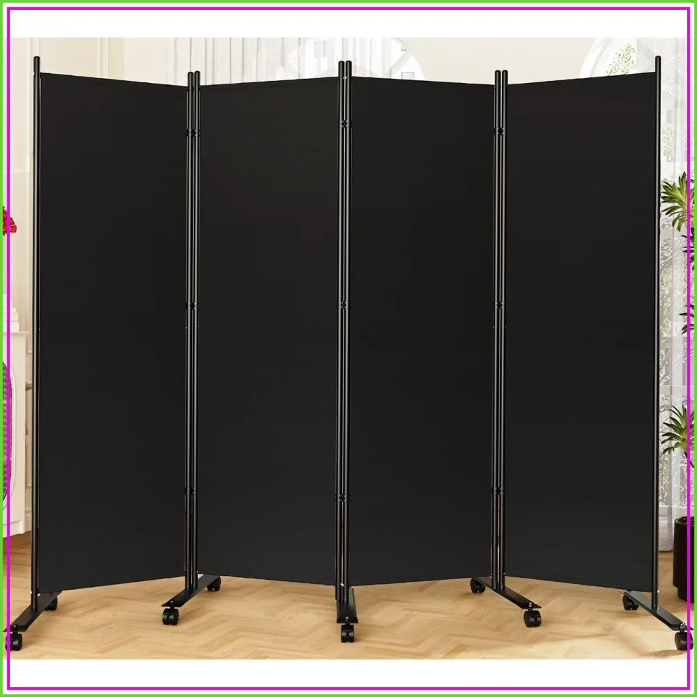 SUNALLY Room Divider Privacy Screen, 4 Panel Folding Divider with Wheels, Black