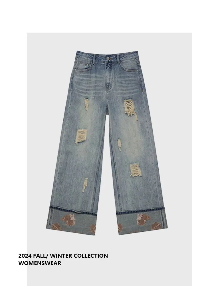 

Американские джинсы свободного кроя с широкими штанинами и дизайном «синий дырчатый эффект», женские, летние 2025, Forever 2, больших размеров, для фигуры «груша»