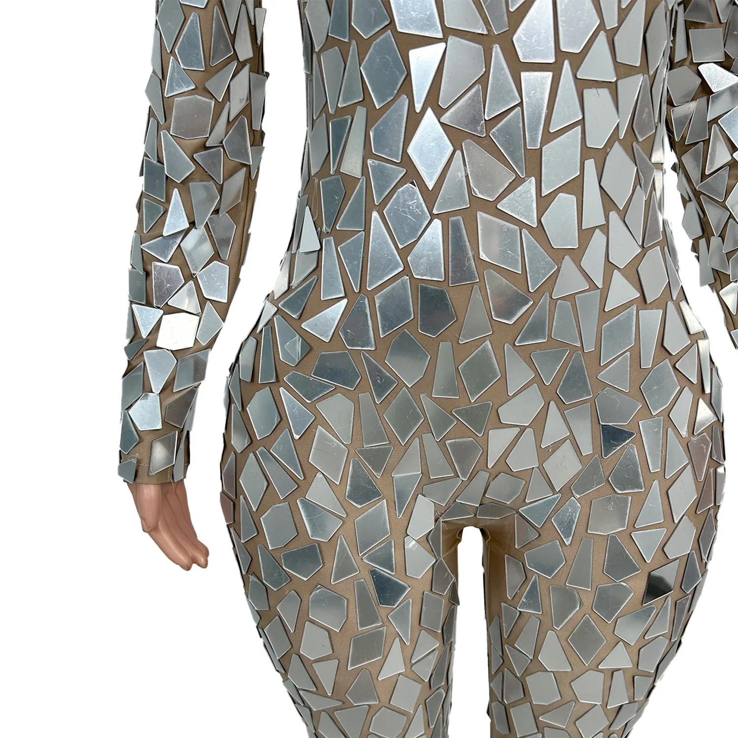 Silver Mirror Fragment Mesh Jumpsuit High Neck Long Sleeve Bodycon Outfit Women Singer Nightclub Stage Performance Wear wangsha