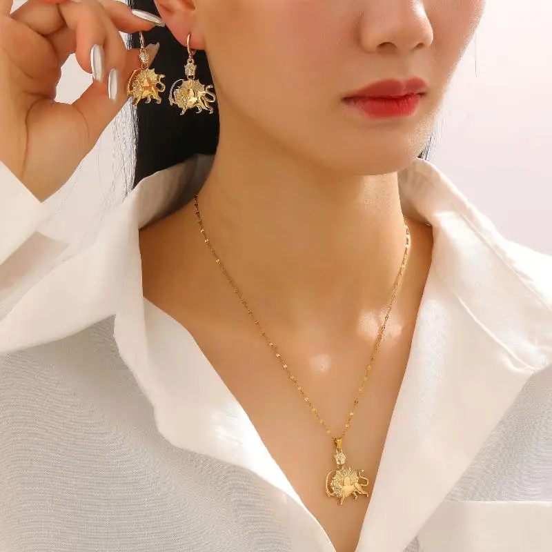 

1 Set Vintage Crown Lion Sun Pattern Pendant Earrings Necklace For Men Women Stainless Steel Gold Color Suit Accessory Gift