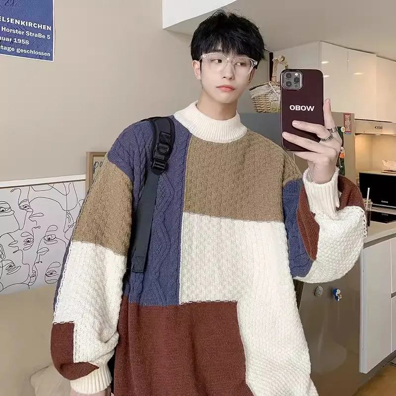 

Casual Long Sve Sweater Men's Autumn Winter Loose Fit Youth Baseball Collar Diamond Pattern Large Size 300 Pou Trendy B...