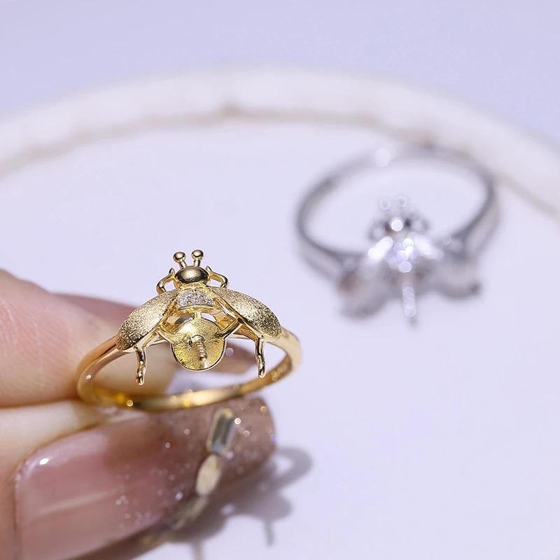 Bee Shape S925 Sterling Silver Adjustable Finger Ring Mountings Base Setting Findings Jewelry Mount for 7-9mm Pearls 3pcs/lot