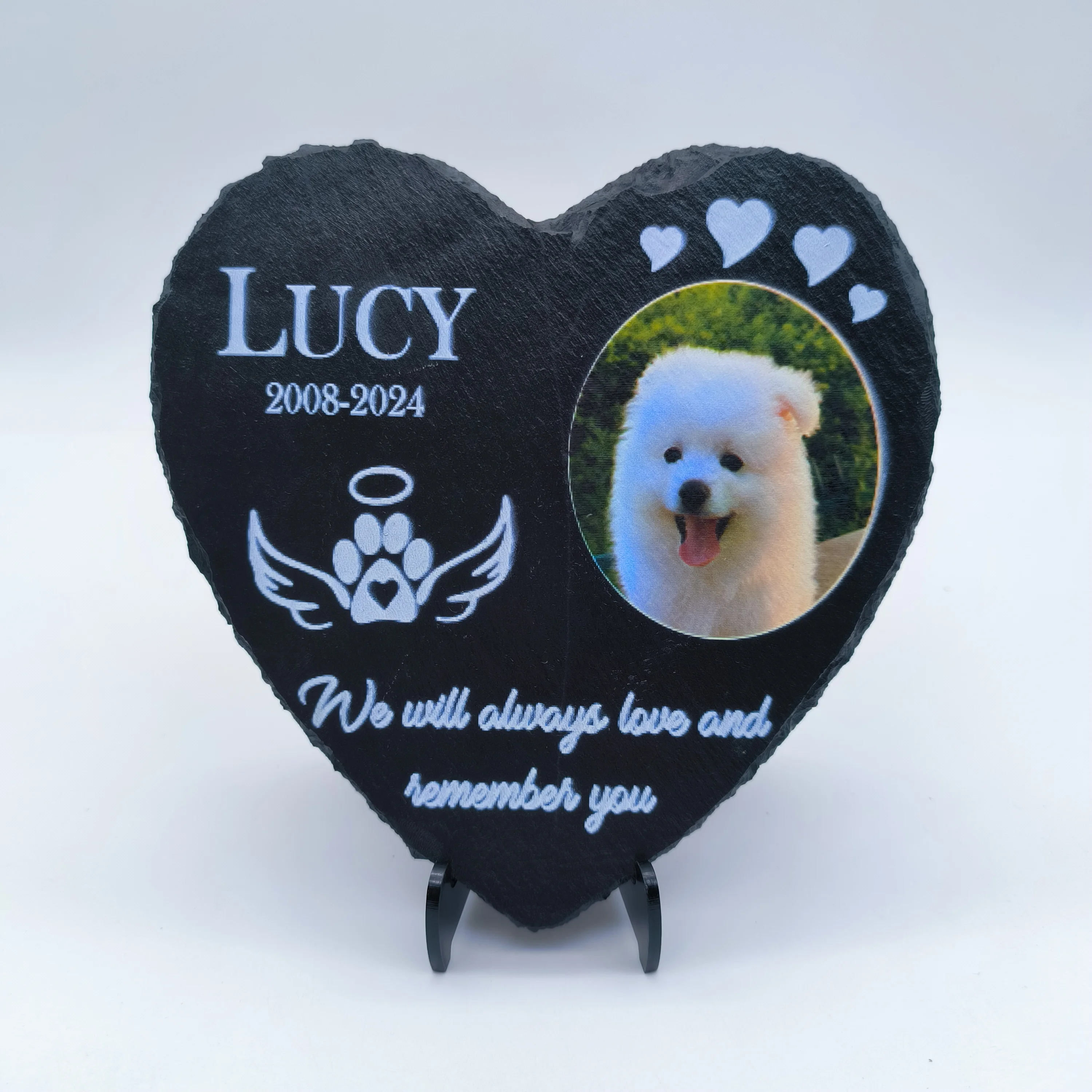 Placa de pizarra conmemorativa para mascotas en forma de corazón personalizada, lápidas de pizarra personalizadas para mascotas con fotos y nombres, lápida de piedra Natural