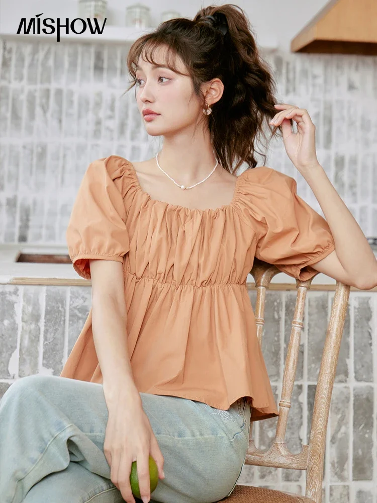 MISHOW Women's Square Neck Short Sleeve Blouses 2023 Summer French Bubble Sleeve Off Shoulder Pullover Solid Chic Top MXC38X1279