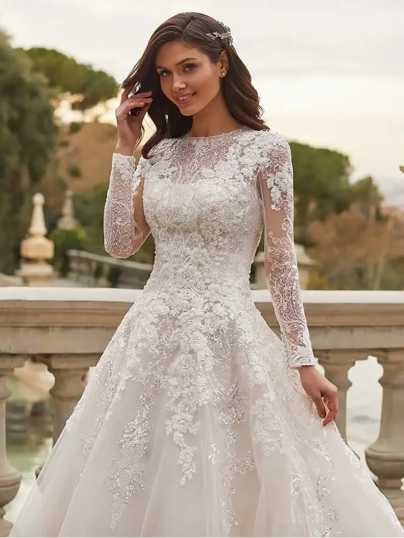 Customized Long Sleeves Wedding Dresses O-Neck Bridal Gowns Lace Appliques Floor Length Robes Glamorous Vestidos De Novia