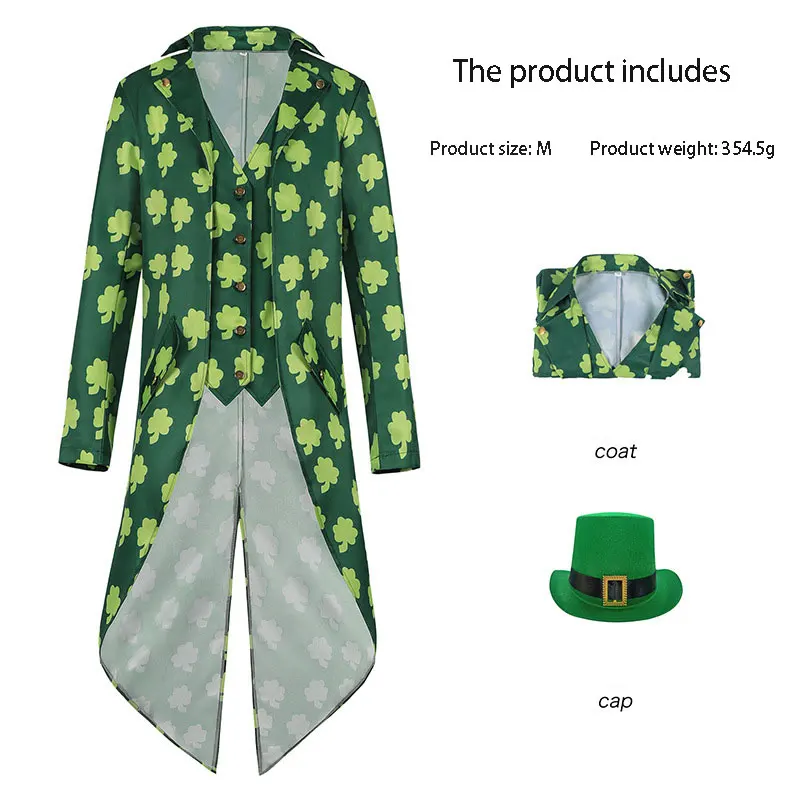 Amazon Europe and America Halloween Men's Irish Clover Tailcoat Carnival Costume Stage Performance Costume Men