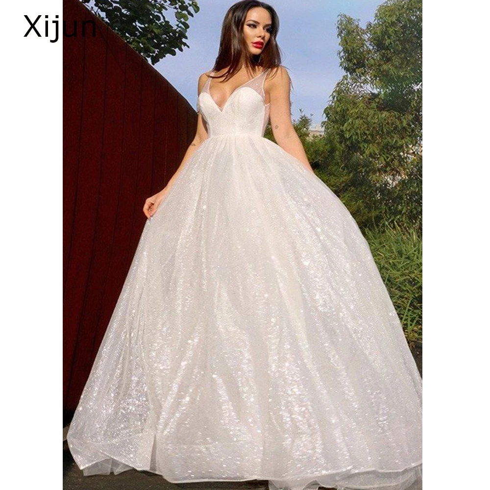 

Romantic Glitter White A-Line Evening Wedding Dresses Elegant Celebrity Dresses V-neck Tulle Sequin Prom Dresses Floor Length