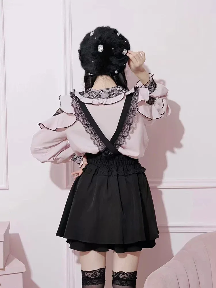 Japanese Blouse Women Top Elegant Lace Ruffles Off Shoulder Sweet Bow Mine  Spring Autumn New Long Sleeve Shirt JK Girl Camisas