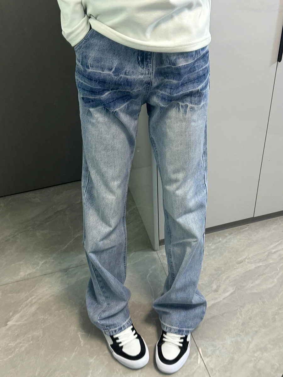 

High Waist Men's Jeans American High Street Waed Knife Straight Leg Long Trousers Cleanfit Flared Jeans Casual Denim