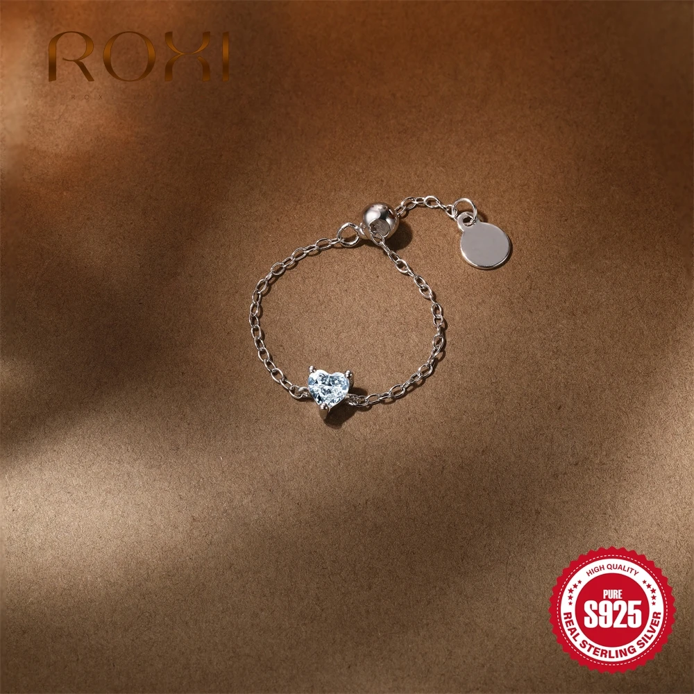 

ROXI Shiny Heart Moissanite Rings 925 Sterling Silver For Women Adjustable Chain Ring Engagement Wedding Exquisite Jewelry Gifts