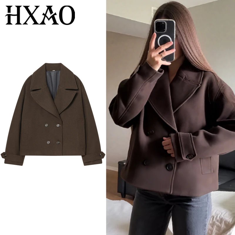 

HXAO Tweed Cropped Jacket Women's Jackets Autumn Winter 2025 New In Coats & Jackets Brown Double-Breasted Long Sleeve Outerwears