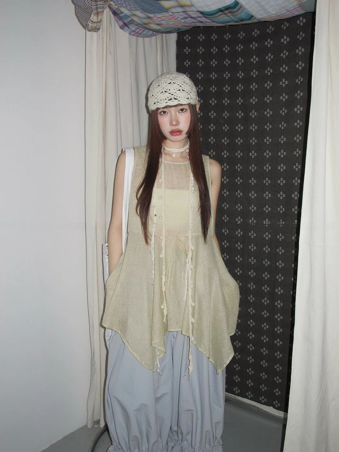 Retro Washed Linen Sleeveless Top Korean Style Irregular See-through Vest Spring Summer Women's Loose Fit round Neck Mid-length