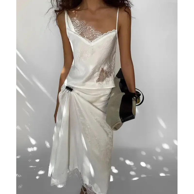 

Chic Lady Lace Patchwork Cami Vest Skirt 2 Pieces Sets Sleeveless Suspenders Tops Midi Skirt Suits 2026 Party Vacation Outwear