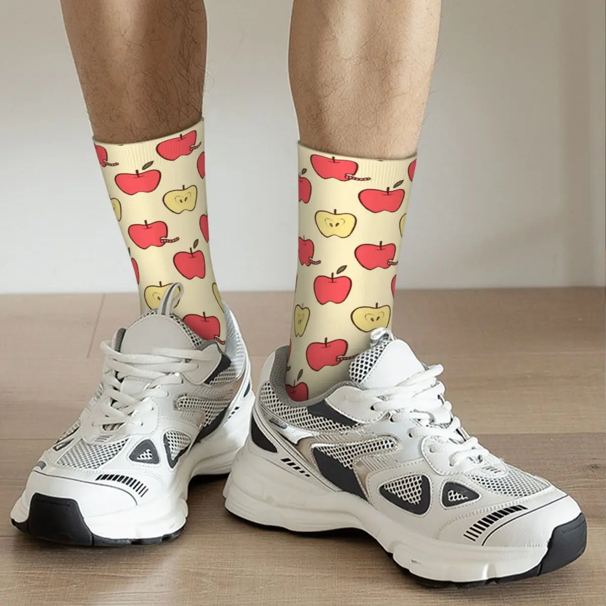Cute Apples Pattern Yellow Socks Harajuku Super Soft Stockings All Season Long Socks for Man Woman Valentine's Day Gifts