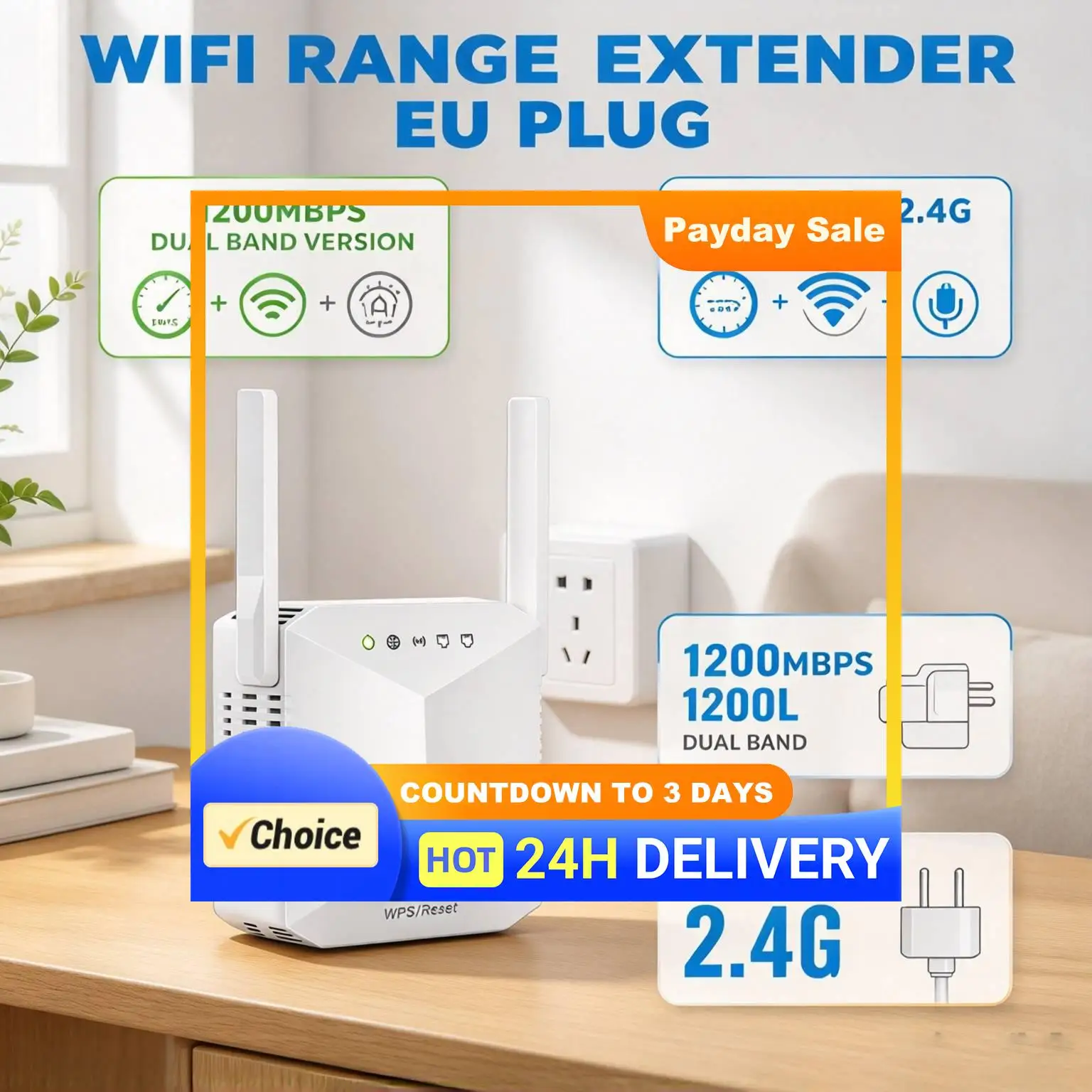 WiFi Repeater 1200Mbps Dual Band 2.4G&5G External Antennas WiFi Signal Amplifier EU Plug Wireless Range Extender For Home Office