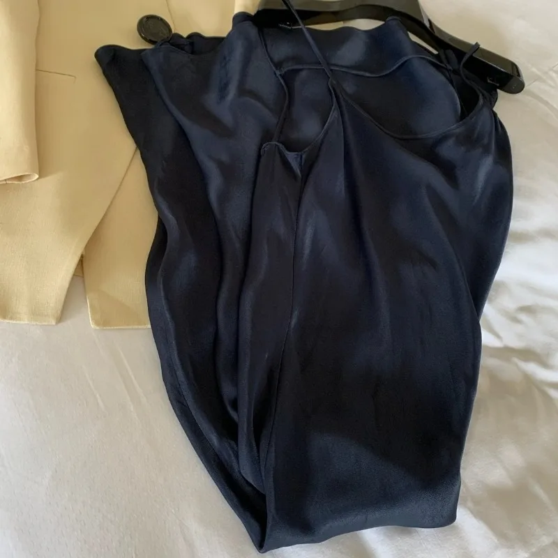 Vestido de cetim de verão importado meia-noite azul cuproamino fibra sem costas
