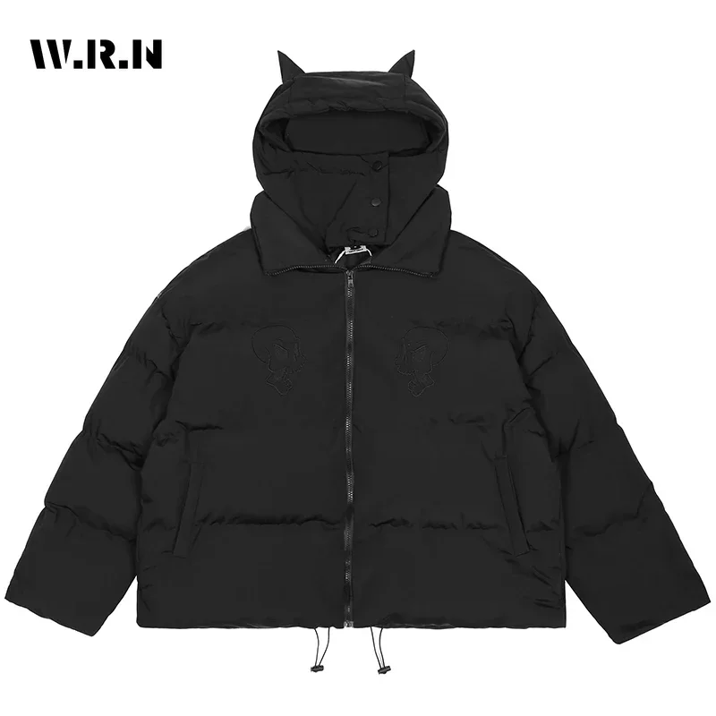 Black Devil Style Zipper Parkas Warm Black Gothic Thicken Jacket 2024 Winter Women Casual Coat Vintage Fashion 2000S emo Clothes