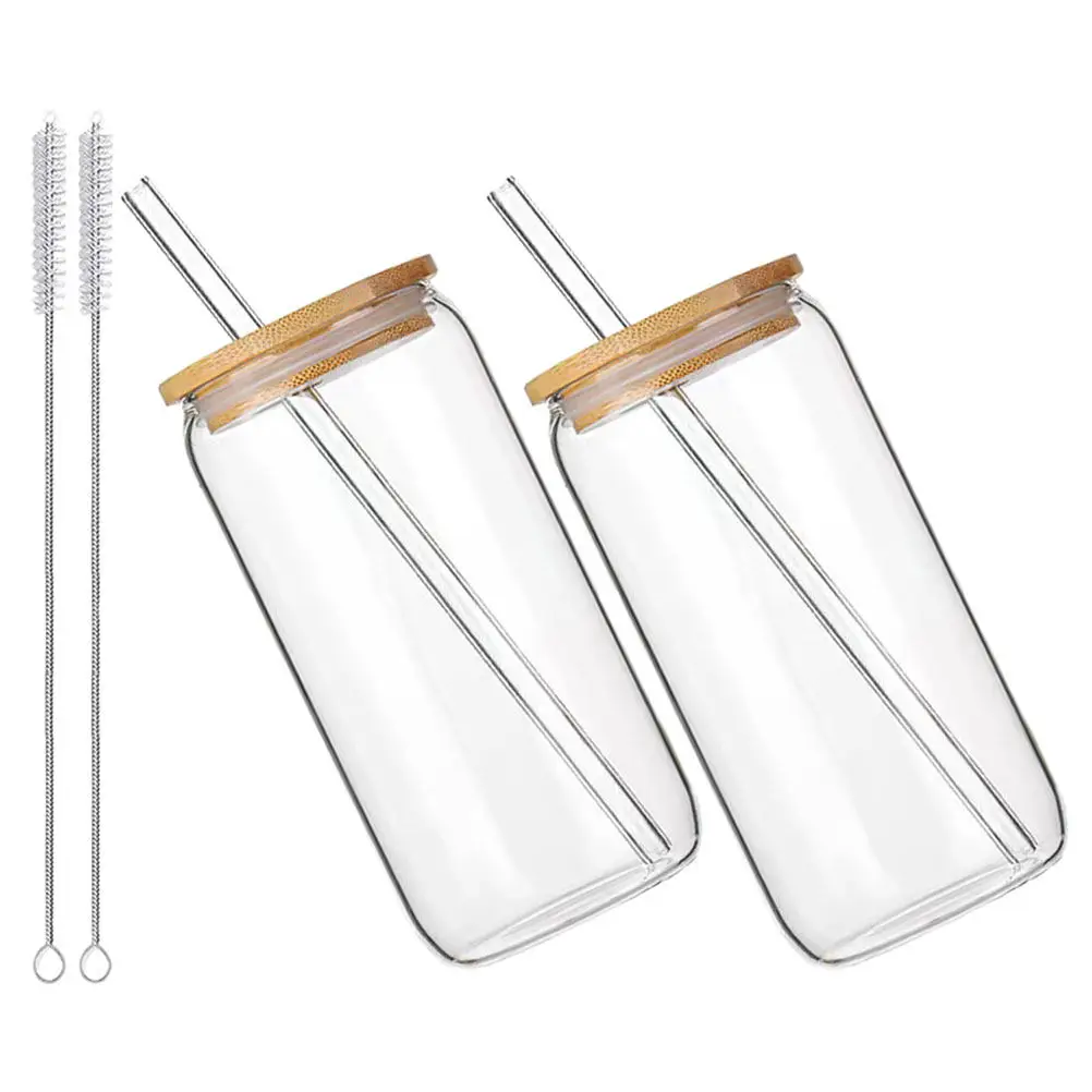 

2Sets Glass Can Cups Bamboo Lids Straws Transparent Wide Mouth Modern Clear Design Water Coffee Beverage Cup Iced Drink