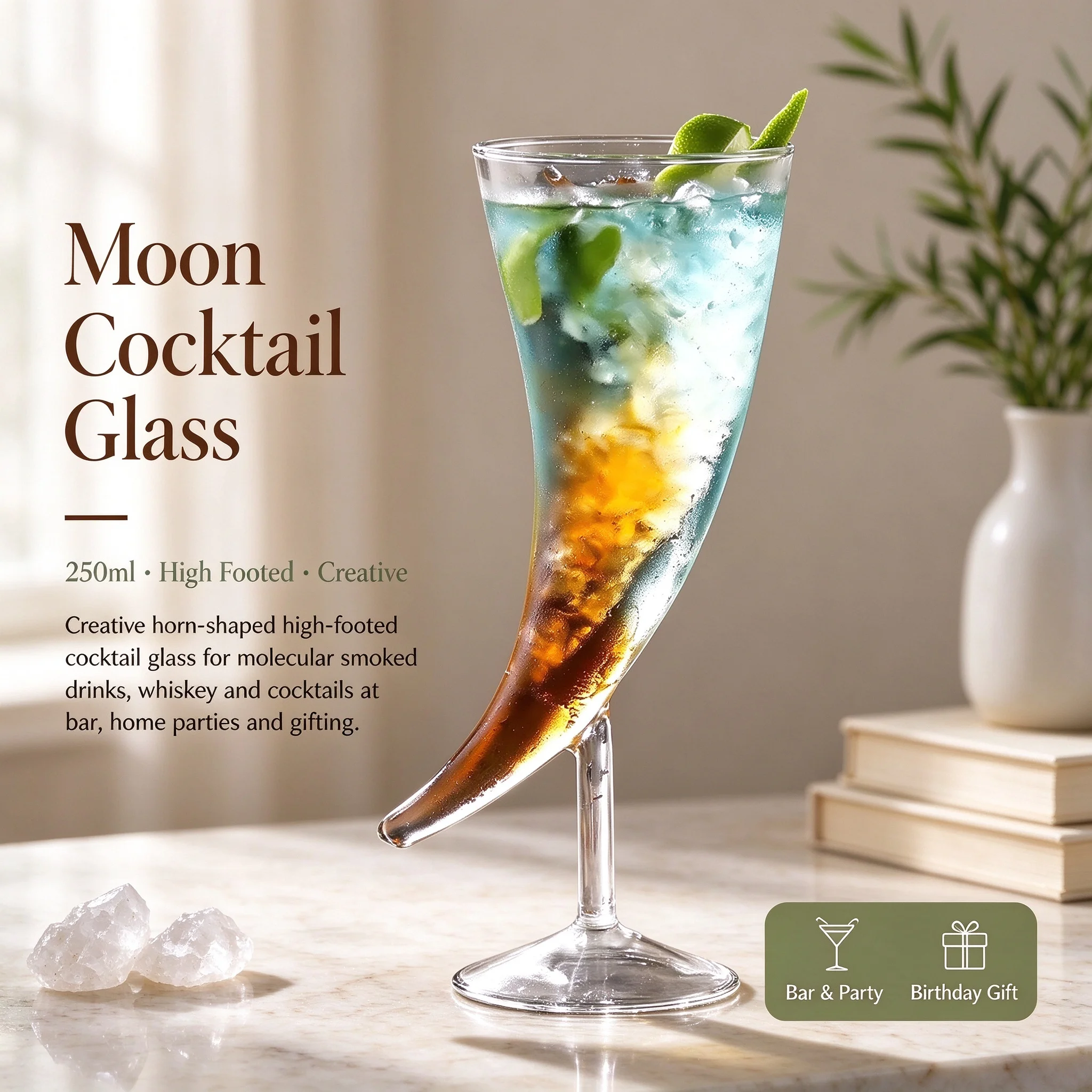 1pc 250ml Creative Moon High Footed Cocktail Glass Molecular Smoked Wine Cup For Bar Home Party Whiskey Glassware Birthday Gift