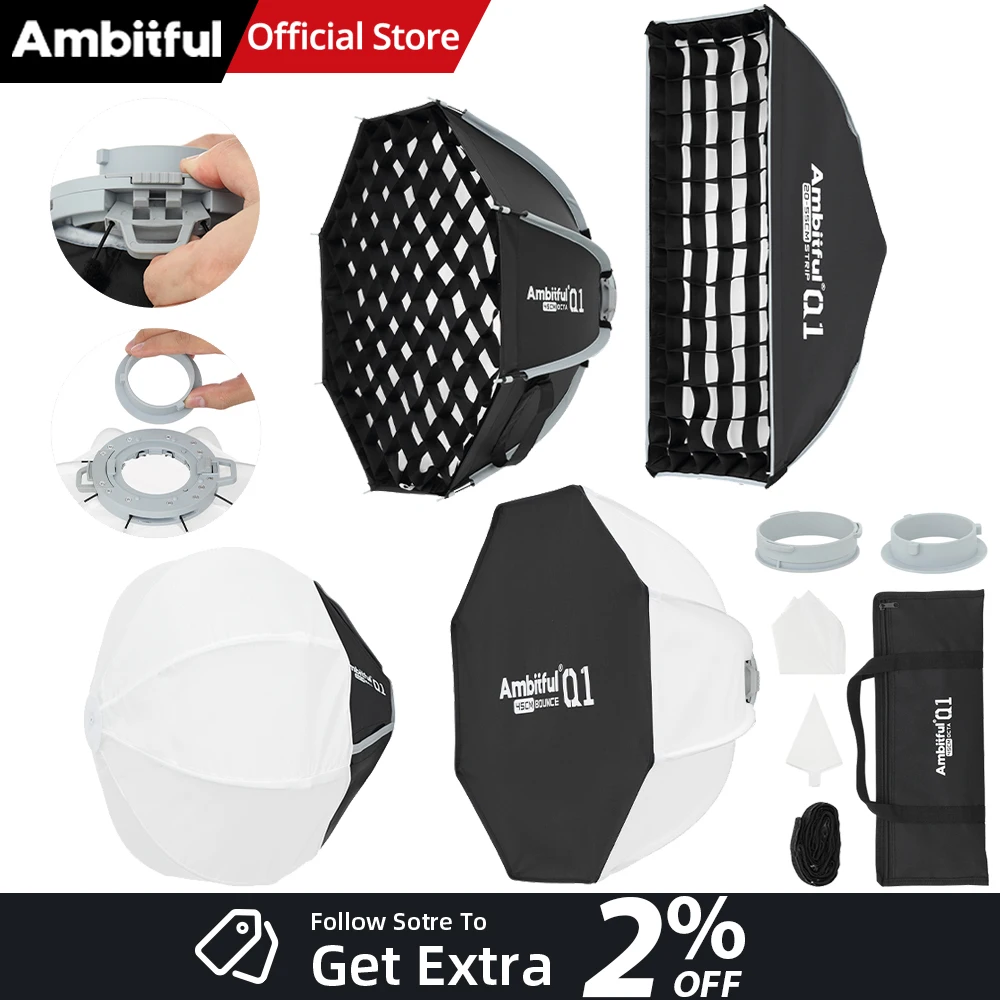 NEW！AMBITFUL Q1 Mini Bowens/Mini GODOX 30cm 45cm Octa Softbox 20*55cm Strip Softbox 30cm Softball 45cm Bounce Softbox For GODOX