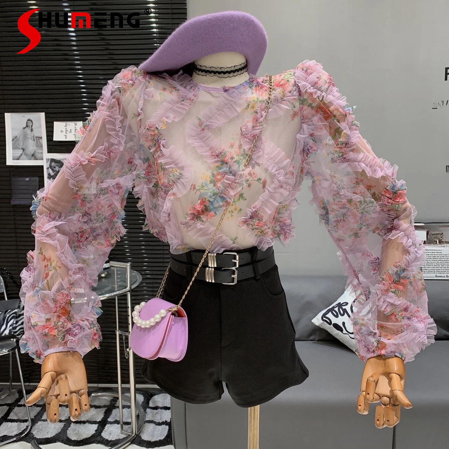 

2024 Women's Spring New Fashion Retro Blouse Floral Design Mesh Yarn Sweet Feminine Temperament Long Sleeve Thin Pullover Top