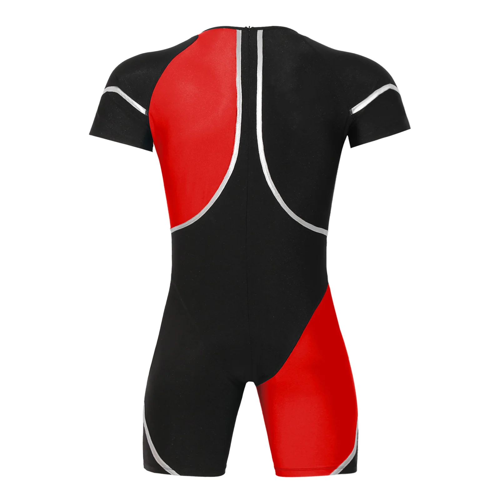 Herren-Einteiler-Rashguard-Tauchanzug, Badeanzug, kurzärmeliger Sport-Bodysuit mit Rückenreißverschluss und metallischem Besatz. – Detail 7