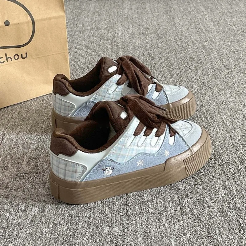 Fashion New Plaid Patchwork Cartoon Embroidery Tenis, Retro Lace Up Casual Zapatillas De Mujer,Daily Lightweight Sapato Feminino