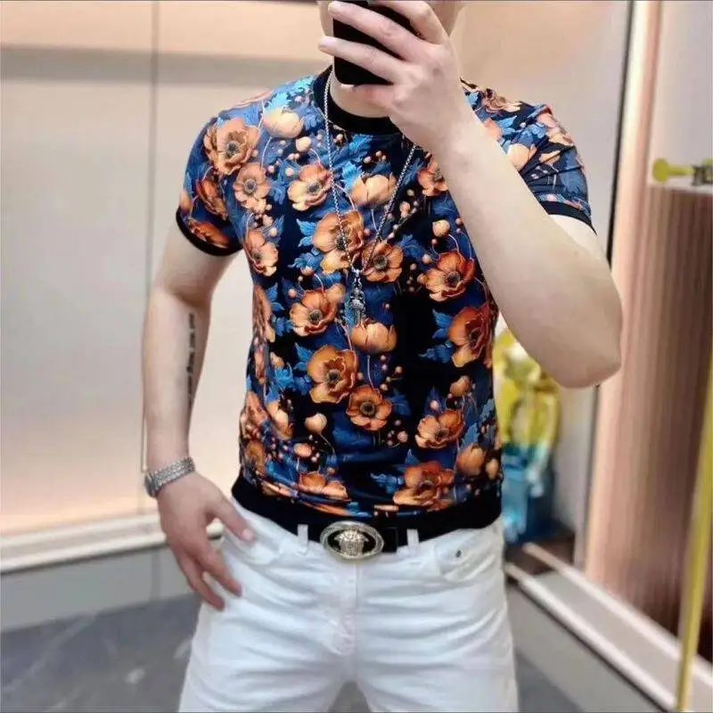 Polyamide&Spandex Elastic T Shirt For Men Short Sleeve 3D Floral Summer Quality Coolness Soft Comfortable Casual Trend Camisetas