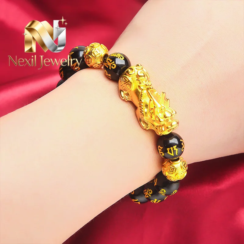 Nexil Jewelry   Nexil Jewelry  24K Gold Lucky Pixiu Men's Bracelet, Couple AU999 - Pixiu Biting Coins + Beads Refraction, Wealth