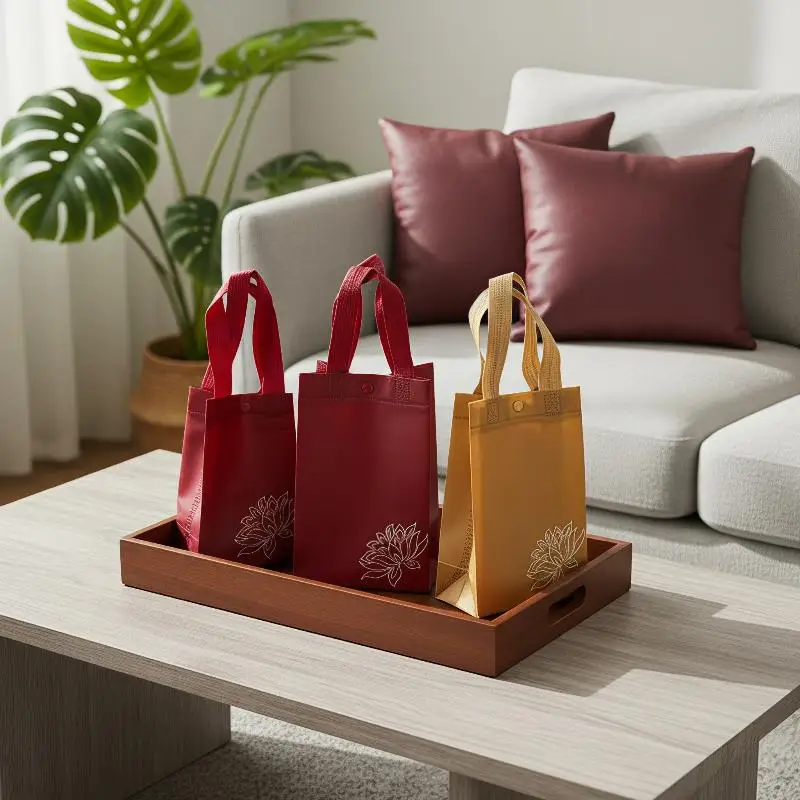 Lotus Print Waterproof Reusable Gift Bags Nonwoven Snap Closure Sturdy Totes for Birthday Party Holiday Gift Wrapping